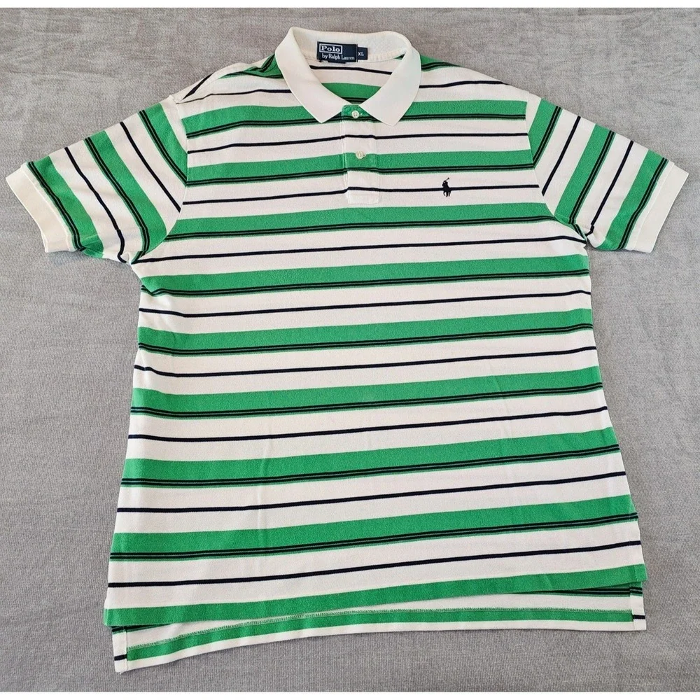 Polo by Ralph Lauren Shirt Men XL Green White Striped Rugby Short Sleeve Y2K